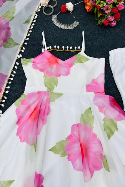 Floral Printed White Organza Suit For Summers Floral Printed White Organza Suit For Summers
