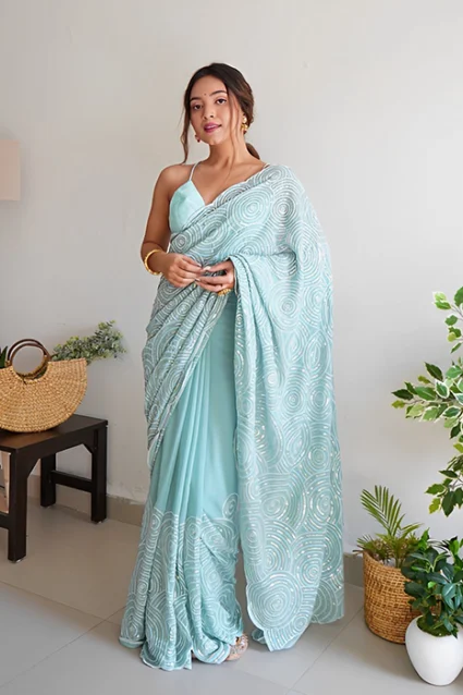 Gleaming Blizzard Blue Sequin Saree For Culatural Ocassions