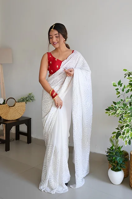 Gleaming White Sequin Saree For Culatural Ocassions