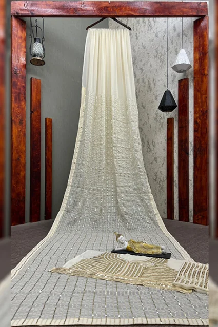 Gorgeous Barley White Sequinned Saree For Farewell