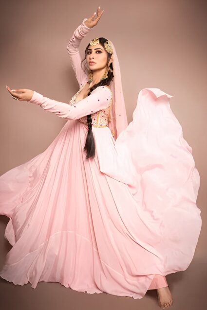 Latest Mouni Roy Embroidery Gown in Heavenly Pink Shade