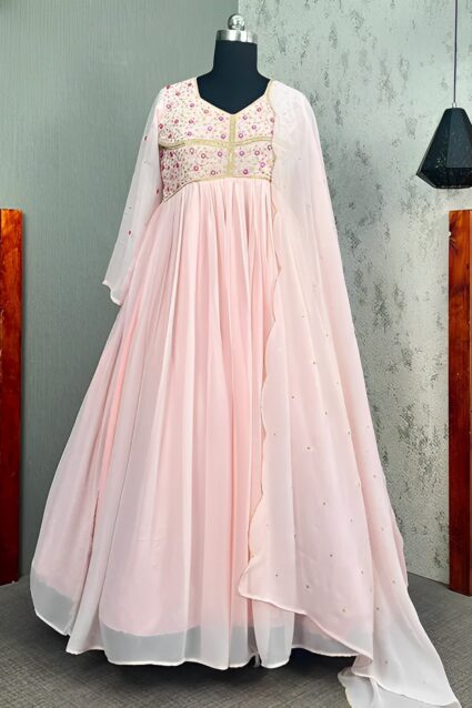 Latest Mouni Roy Embroidery Gown in Heavenly Pink Shade