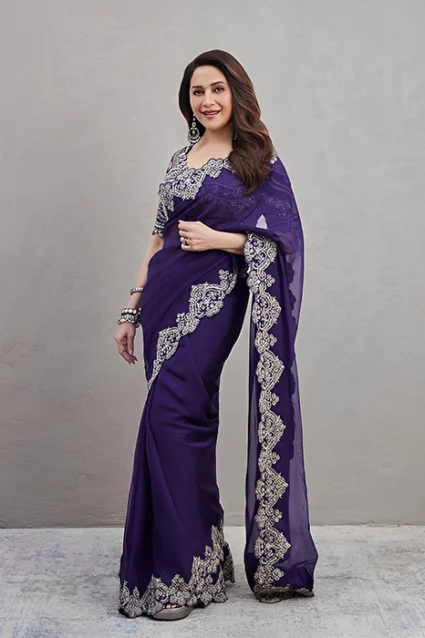 Madhuri Dixit Partywear Glamorous Sequence Saree In Blue Shade