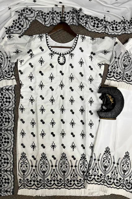 Partywear White Embroidered Plazzo Suit For Girls Partywear White Embroidered Plazzo Suit For Girls