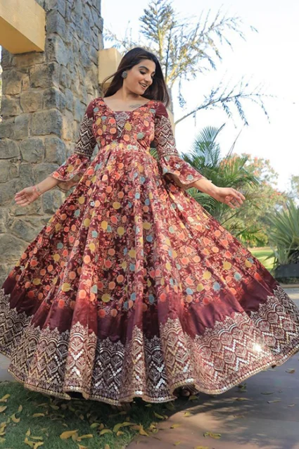 Radiant Maroon Indian Evening Gown In Floral Print
