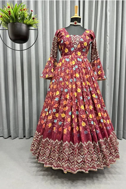 Radiant Maroon Indian Evening Gown In Floral Print