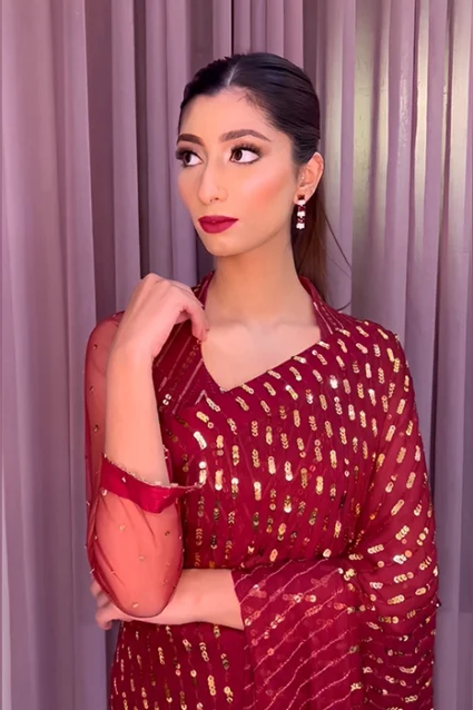 Sensational Crimson Red Partywear Sequin Saree