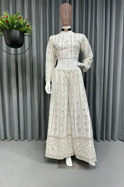 Sparkling White Partywear Crop Top and Plazzo Set With Sequinned Embroidery Sparkling White Partywear Crop Top and Plazzo Set With Sequinned Embroidery