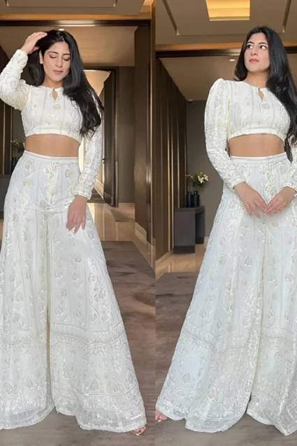 Sparkling White Partywear Crop Top and Plazzo Set With Sequinned Embroidery Sparkling White Partywear Crop Top and Plazzo Set With Sequinned Embroidery