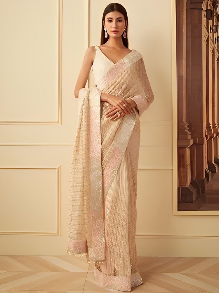 Pure Georgette White Party Wear Designer Saree With Blouse Piece