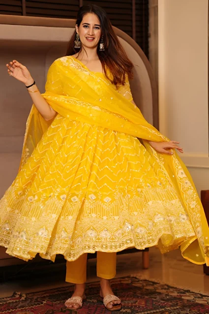 Vibrant Yellow Designer Organza Anarkali Suit For Haldi Ceremony Vibrant Yellow Designer Organza Anarkali Suit For Haldi Ceremony
