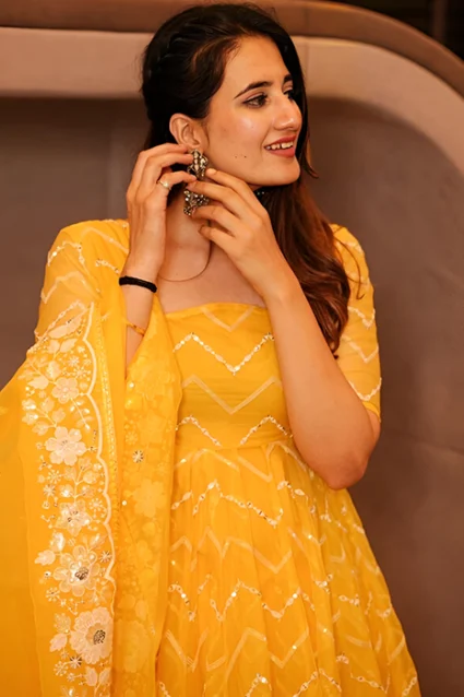 Vibrant Yellow Designer Organza Anarkali Suit For Haldi Ceremony Vibrant Yellow Designer Organza Anarkali Suit For Haldi Ceremony