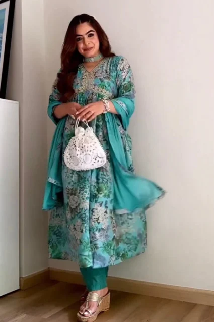 Women's Turquoise Floral Printed Anarkali Women's Turquoise Floral Printed Anarkali