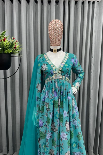 Women's Turquoise Floral Printed Anarkali Women's Turquoise Floral Printed Anarkali