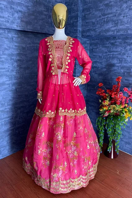 2023 Pink Designer Ghagra Choli With Embroidered Shrug For Wedding