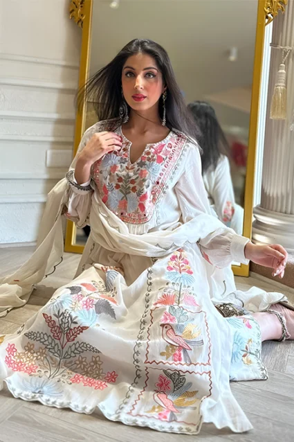 Balloon Sleeved Embroidered Palazzo Suit Set In White Balloon Sleeved Embroidered Palazzo Suit Set In White