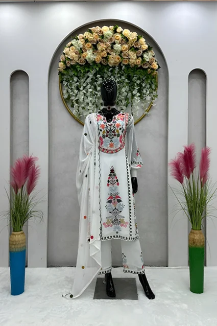Balloon Sleeved Embroidered Palazzo Suit Set In White Balloon Sleeved Embroidered Palazzo Suit Set In White