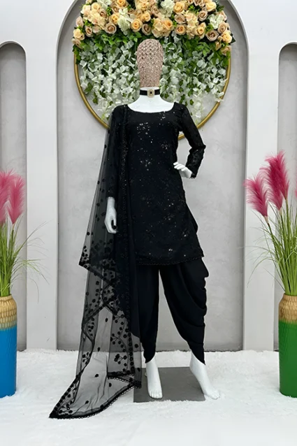 Black Sequence Patiala Suit Set In Lace Work With Posh Net Dupatta Black Sequence Patiala Suit Set In Lace Work With Posh Net Dupatta