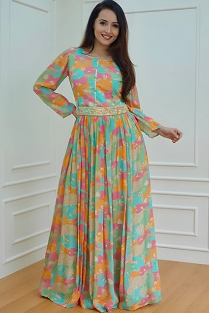 Buy Classic Georgette Evening Gown In Sea Green Color