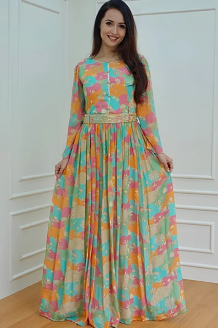 Buy Classic Georgette Evening Gown In Sea Green Color