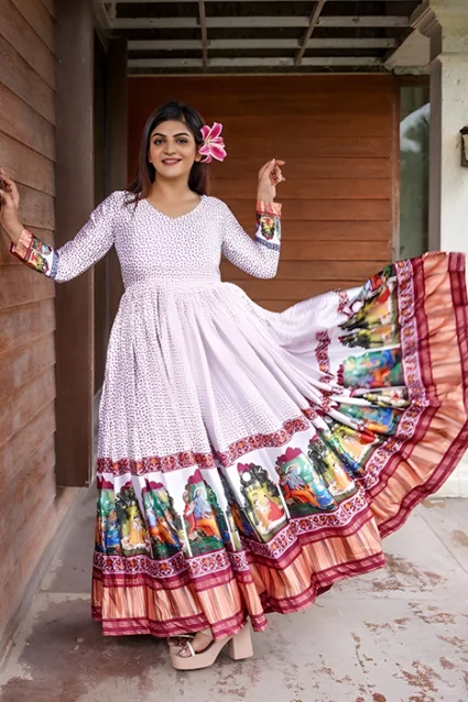 Buy Madhubani Printed White Indian Evening Gown