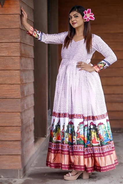 Buy Madhubani Printed White Indian Evening Gown