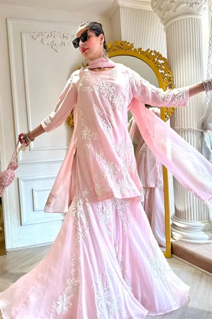 Buy Partywear Sharara Suit With Dupatta In Lucknowi Chikankari Buy Partywear Sharara Suit With Dupatta In Lucknowi Chikankari