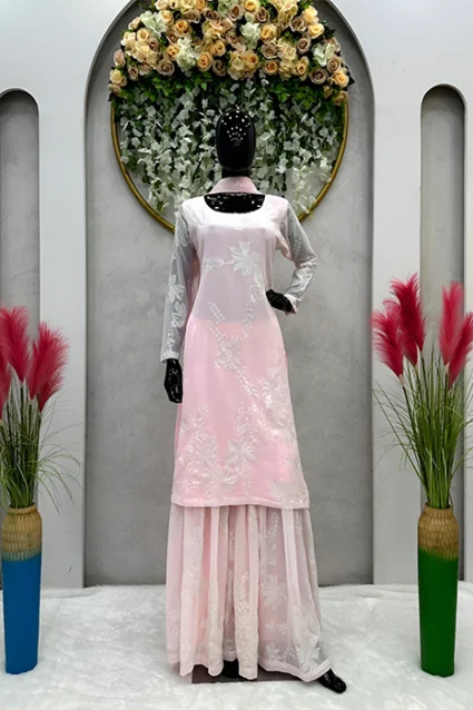 Buy Partywear Sharara Suit With Dupatta In Lucknowi Chikankari Buy Partywear Sharara Suit With Dupatta In Lucknowi Chikankari