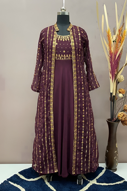 Buy Stunning Embroidered Gown With Long Koti In Maroon