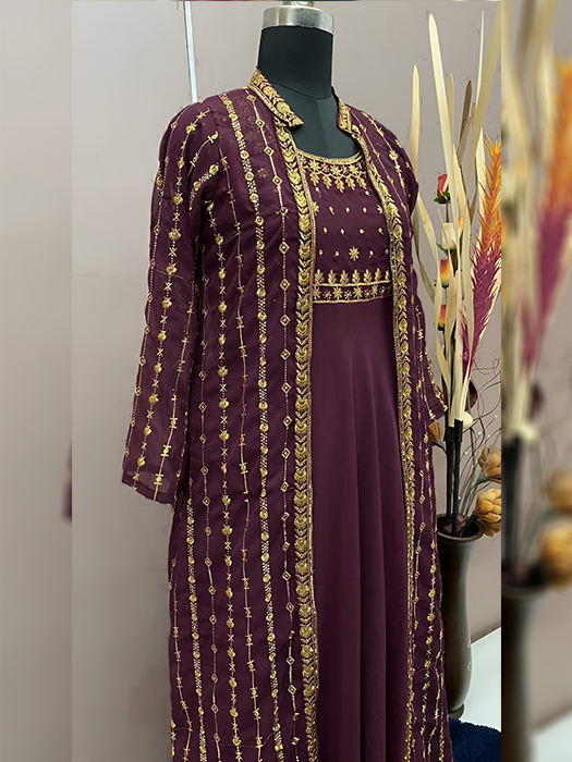Buy Mbest Boutique Women's Faux Georgette Gown & Long Koti Set (Peach_XL)  at Amazon.in