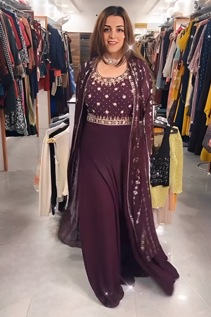 Buy Stunning Embroidered Gown With Long Koti In Maroon