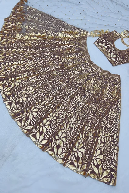 Exclusive Shimmering Golden Lehenga For Wedding Reception