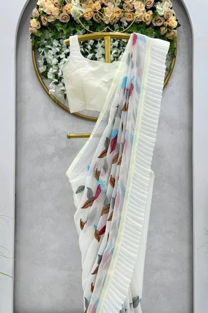 Fancy White Ruffled Saree With Unstitched Blouse