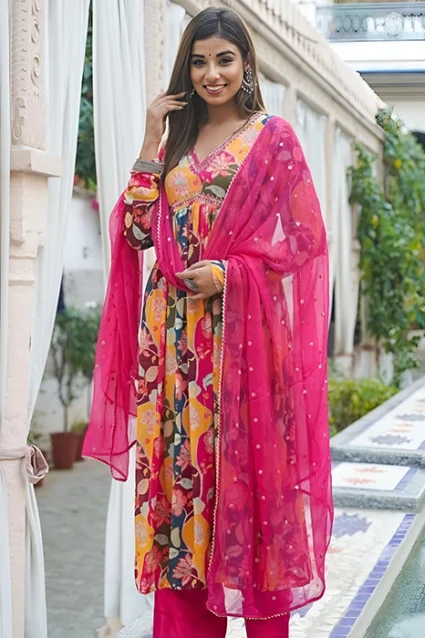 Flower Patterned Anarkali Frock Suit With Dupatta Flower Patterned Anarkali Frock Suit With Dupatta