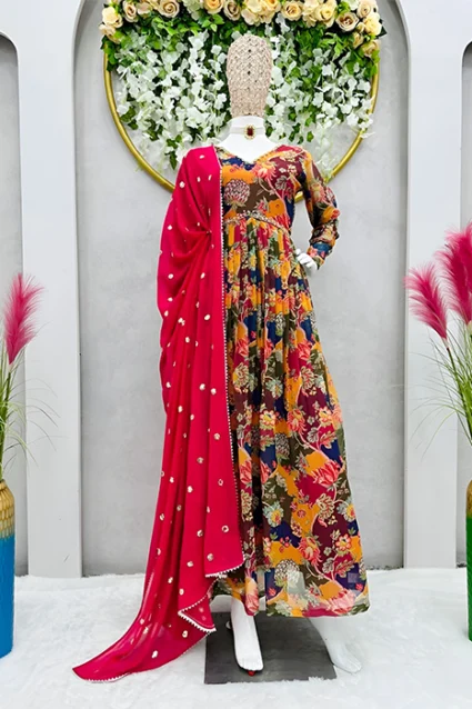 Flower Patterned Anarkali Frock Suit With Dupatta Flower Patterned Anarkali Frock Suit With Dupatta