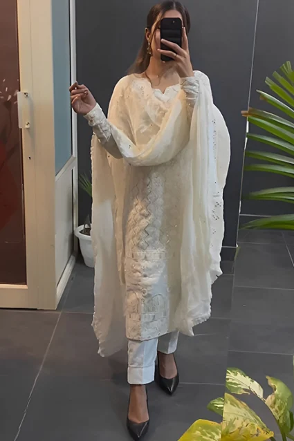Fully Stitched White Lucknowi Chikankari Suit For Women Fully Stitched White Lucknowi Chikankari Suit For Women