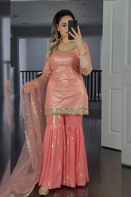 Glamorous Peach Colour Georgette Base Sharara Dress Glamorous Peach Colour Georgette Base Sharara Dress