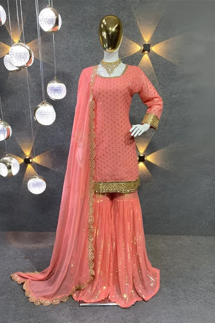 Glamorous Peach Colour Georgette Base Sharara Dress Glamorous Peach Colour Georgette Base Sharara Dress