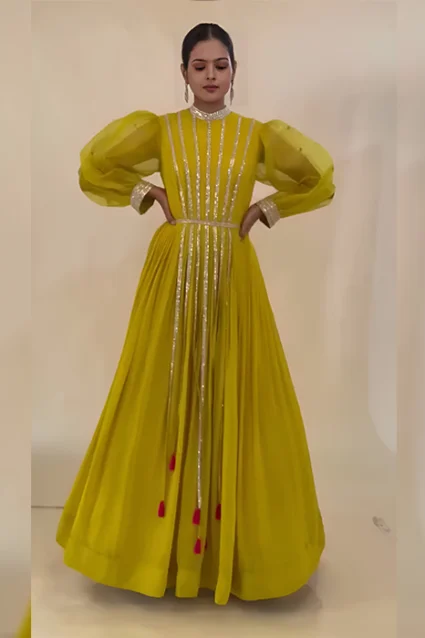 Haldi Ready Exquisite Long Gown With Dori Style Belt