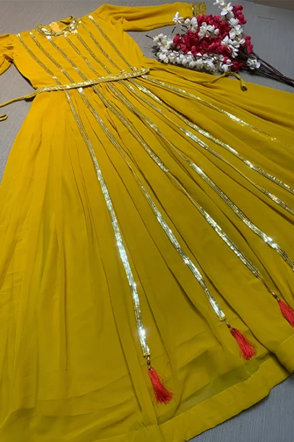 Haldi Ready Exquisite Long Gown With Dori Style Belt