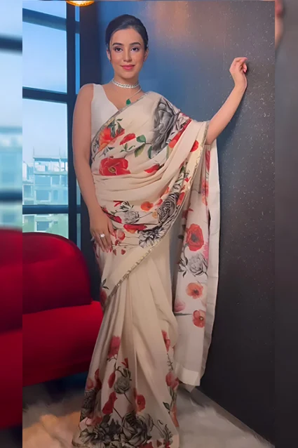 Latest Floral Printed Saree In Japan Silk With Lace Work