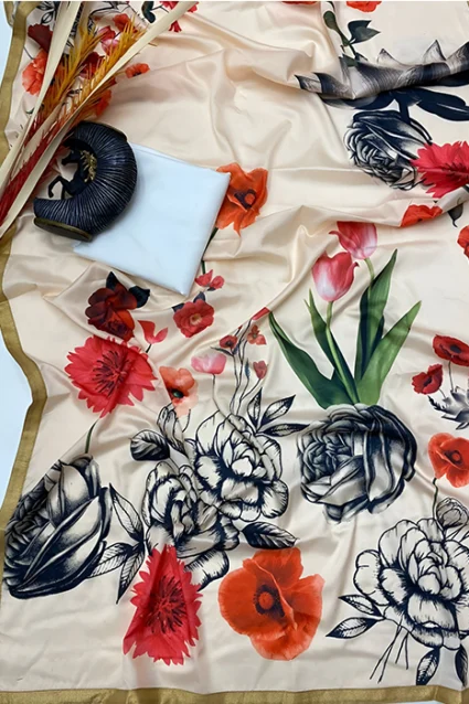 Latest Floral Printed Saree In Japan Silk With Lace Work