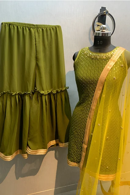 Latest Mehendi Color Sharara Suit Designed in 2023 Latest Mehendi Color Sharara Suit Designed in 2023