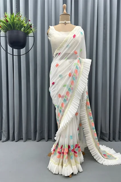 Latest White Ruffled Saree With Leafy Prints