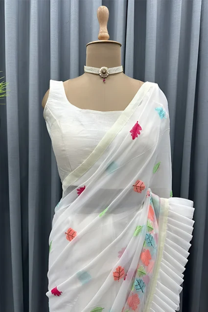 Latest White Ruffled Saree With Leafy Prints