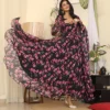 Long Flared Black Indian Gown In Floral Print