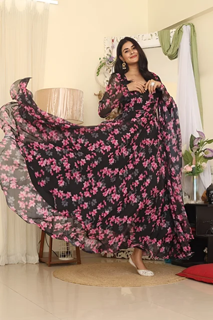 Long Flared Black Indian Gown In Floral Print