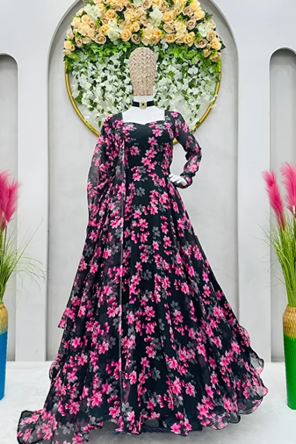 Long Flared Black Indian Gown In Floral Print