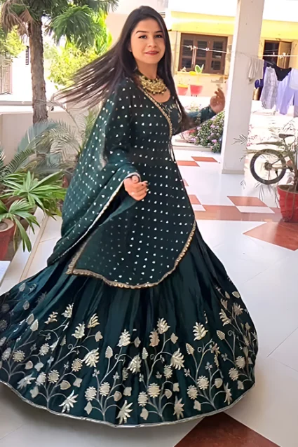 Magnificent Bottle Green Crop Top Lehenga For Girls