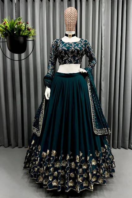 Magnificent Bottle Green Crop Top Lehenga For Girls